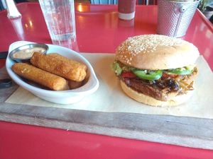 El Paso (no cheese or bacon) with the new Hemp Southwest WFPB burger and yucca fries! at Dellepiane Sedona in Sedona