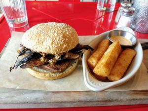 Le Blue, veganized with a NexVeg Hemp Southwest patty and yucca fries! at Dellepiane Sedona in Sedona