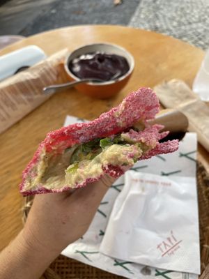 Inside the hummus and basil tapioca at Tapi Tapioca - Loja Leblon in Rio De Janeiro