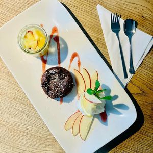 Hot chocolate cake with pear Sorbet ...vegan at Ox in Heitersheim