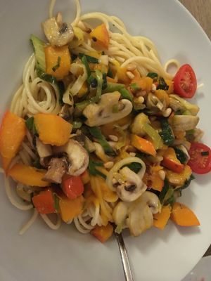 Noodles with pumpkin, mushrooms, leek and seeds  at Ox in Heitersheim