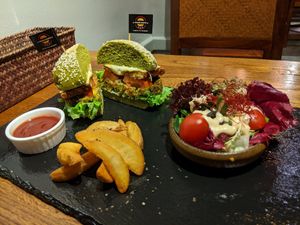 New Green Giant Burger with Potato Wedges at Veggie Castle in Macau