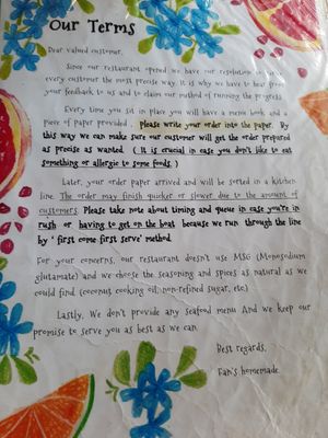 Menu at Fan's Homemade in Koh Phayam