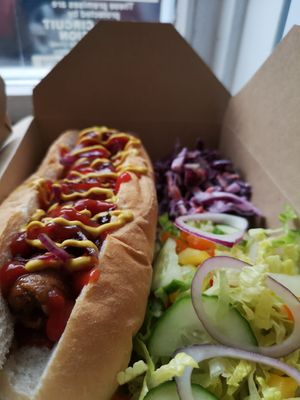 Plant based hotdog! Get in my belly! at Pepino Deli in Glossop