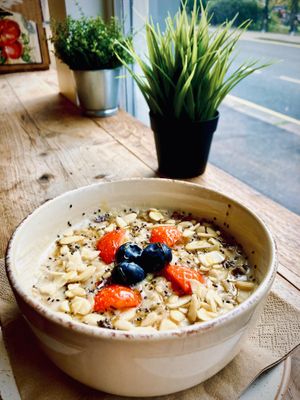 Fruit and almond porridge  at Pepino Deli in Glossop