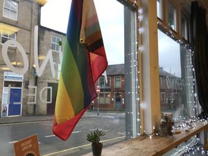 Looking out  at Pepino Deli in Glossop