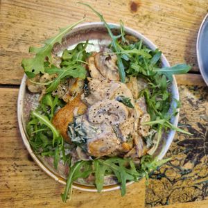 Creamy mushroom and spinach on sourdough bread. at Pepino Deli in Glossop