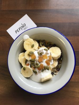 Gluten free museli coconut yogurt dairy free at Pepino Deli in Glossop