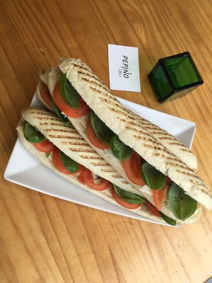 Mozzarella fresh tomato and fresh basil panini at Pepino Deli in Glossop