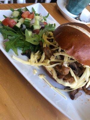 Steak, Mustard Mayo and Cheese on a Pretzel bun :) at Pepino Deli in Glossop