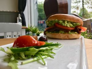 Avocado and bacon (vg) bagel  at Pepino Deli in Glossop
