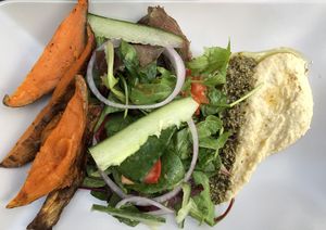 Chips, hummus and pesto  at Pepino Deli in Glossop