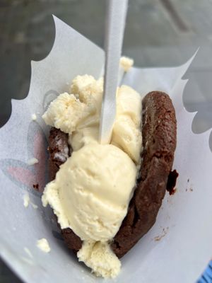 Vegan chocolate cookie with vanilla ice cream sandwich.  at Cookie Time in Queenstown