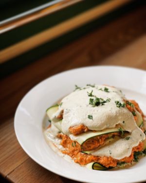 Raw lasagna. Made from zucchini, capsicum, carrots, cashew, cashew and cashew.   at Puffin Cafe in Macau
