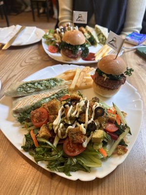 mini burger, spinach cheese wrap, tempeh avocado set   at Puffin Cafe in Macau