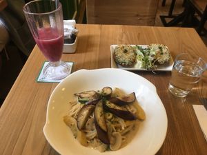 My meal (vegan soy milk pasta, vegan-ised loaded jackets) at Puffin Cafe in Macau