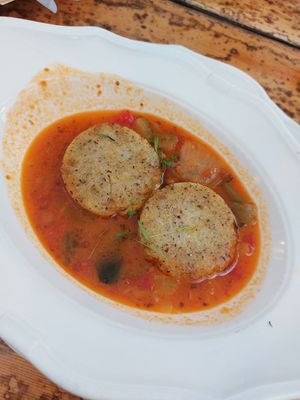 Polenta patties with tomato soup, starter but this is half the portion, we shared at Gostilna Danica in Bohinjska Bistrica