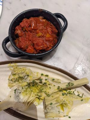 Grilled artichokes with garlic and Andalusian pisto at El Librero in Sevilla
