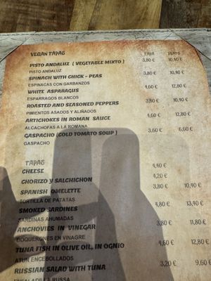 Menu describing the vegan tapas  at El Librero in Sevilla