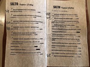 Salto’s starter menu I’ve put Ve by the vegan options and vegetarian options are shown as a V.  at Salto in Corfu