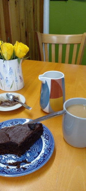 Chocolate Fudge Cake with Earl Grey Tea at Greens Vegan Cafe & Shop in Stourport-on-severn