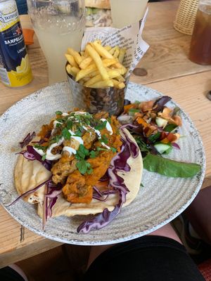 Cauliflower and seeet potatoe shawarma   at Three Roofs Cafe in Castleton