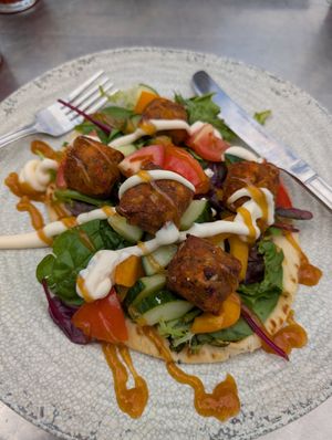 Sweet potato falafel flatbread at Three Roofs Cafe in Castleton