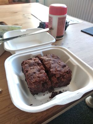 Vegan brownie at Three Roofs Cafe in Castleton