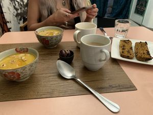 Soup, lattes & olive bread  at Imagine Café in Paris