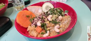 Vegetable curry, celeriac, coral lentils, sweet potatoes, carrots, zucchini, three-colour rice, cashew nut cream at Imagine Café in Paris