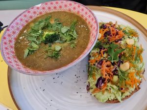 Soup with avocado toast at Imagine Café in Paris