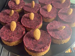 Pink beetroot raw cakes. It looks like a cake, but 100% good organic food.  at Imagine Café in Paris