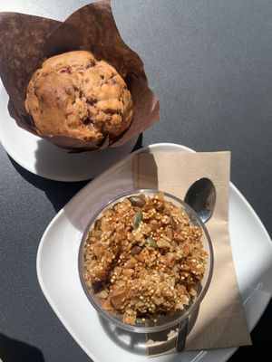 Rasberry muffin and youghurt with granola  at Be Kind Cafe in Geneva