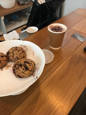 Chocolate peanut cookies and a cappuccino to go at Be Kind Cafe in Geneva