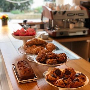 peer/chocolat muffins, no-gluten chestnut cookies, peanut/choc cookies, banana bread and quinoa/spelt croissant. 
 at Be Kind Cafe in Geneva