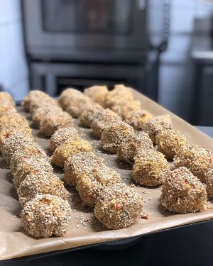 Boulettes d’okara à la citronnelle et au sésame in progress ☺️.  at Be Kind Cafe in Geneva