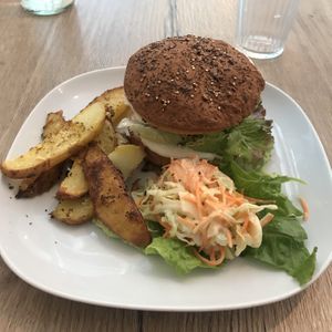 Gluten feee burger at Be Kind Cafe in Geneva