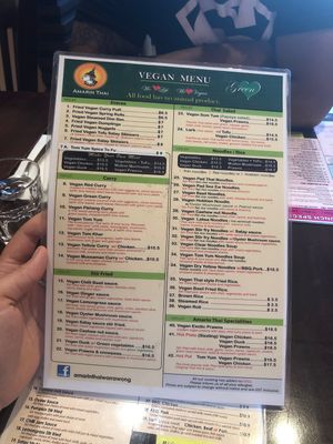 Seperate vegan menu  at Amarin Thai Cuisine in Wollongong