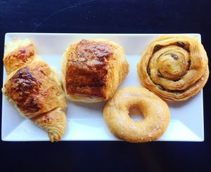 (Vegetarian) Pastries for breakfast:
- Classic French Croissant
- Chocolate croissant
- Raisin Danish
- Sugar Donut at Backstage Bar & Grill  in Phan Thiet