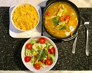 (Vegan) Vietnamese Coconut Curry with fried garlic rice and mixed green salad, so fresh! at Backstage Bar & Grill  in Phan Thiet