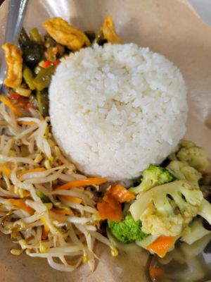 Rice and 3 items for 14k or $1 at Vegan House in Jakarta