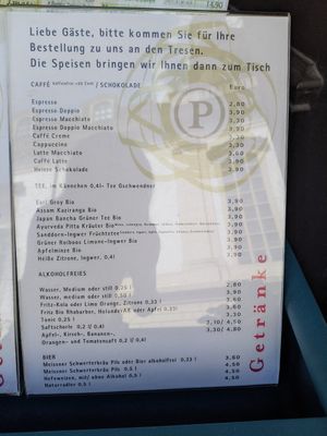 Coffee and tea menu at Die Pastamanufaktur in Dresden