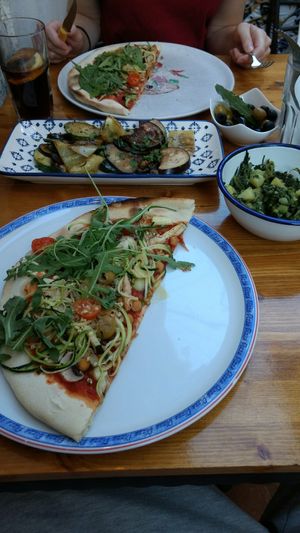 Vegan pizza, grilled vegetables, olives in marinade and mashed potatoes at Konoba Andreja in Krk