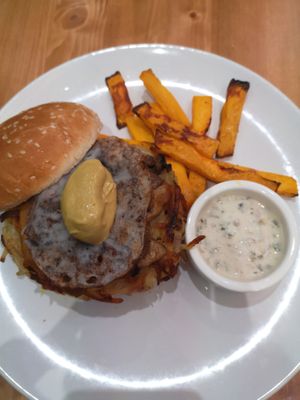 Swiss burger (with cheese and egg, plant based obviously)  at Melamangio in Mendrisio