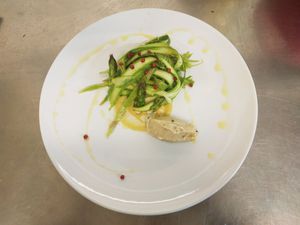 Carpaccio di asparagi alla senape e sformaggino di pepe rosa at Melamangio in Mendrisio