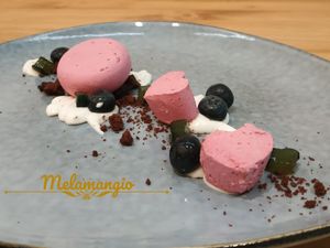 Il nero è il rosa, mousse di lampone, crumble al cacao, panna al cocco e mirtilli at Melamangio in Mendrisio