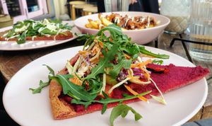 pizza (beetroot hummus, capsicum and slaw topping) at Good Love in St Kilda