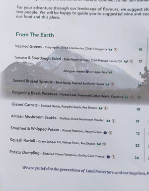 The "from the earth" section of the new menu, mostly vegan. at The Juniper Bistro in Banff