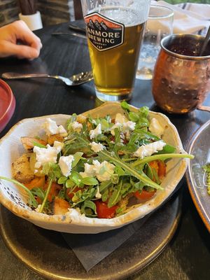 Tomato and sourdough salad with vegan feta at The Juniper Bistro in Banff