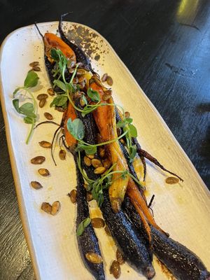 Maple glazed carrots (ask server for maple instead of honey to make vegan) at The Juniper Bistro in Banff